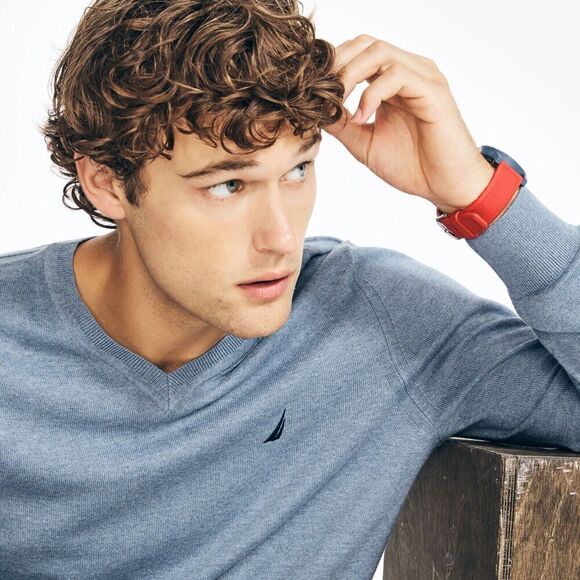 Nautica Men's Sweater Jersey V-Neck Deep Anchor Heather Blue Pastel Size Small - Picture 4 of 7